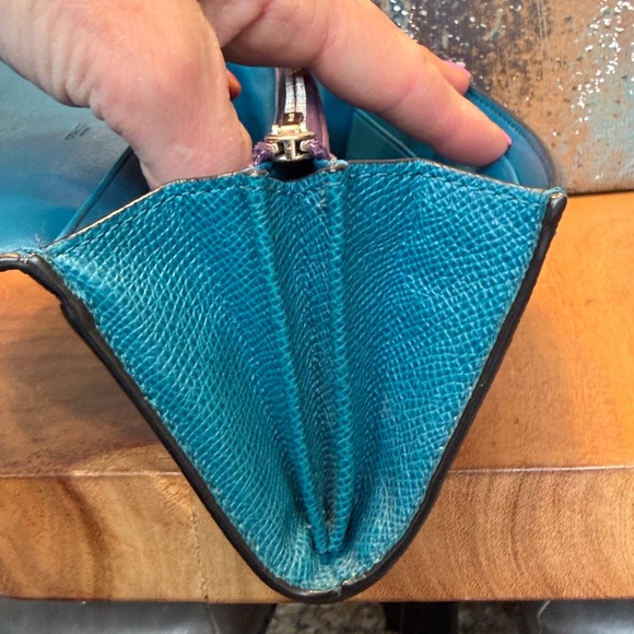 COACH Textured Leather Slim Envelope Wallet w/Pop-Up Pouch: Teal & Purple - Picture 14 of 16